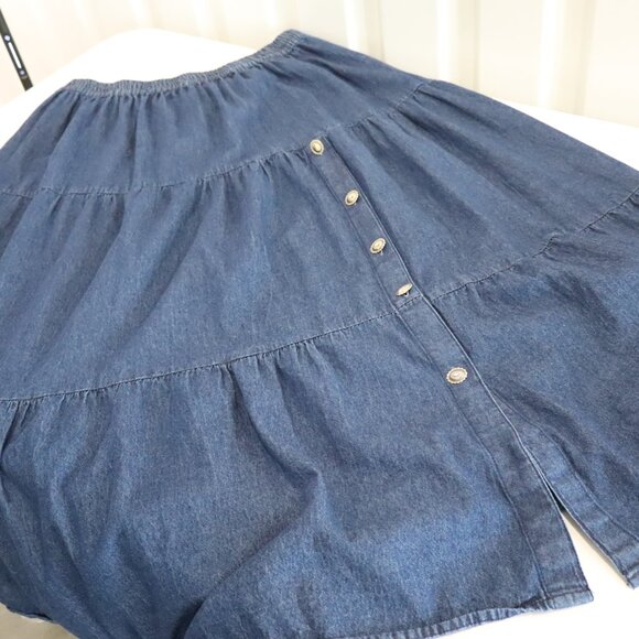 Vintage Crazy Cowgirl Women's Denim Tiered Full Maxi Skirt Concho Buttons Sz Lg - Picture 3 of 7